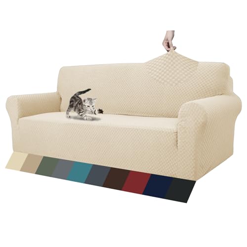 1 Piece Jacquard Couch Covers for 3 Cushion Couch Living Room High Stretch Sofa Cover Pets Dogs Friendly Anti Slip Thickened Slipcovers Furniture Protector (Large (71"-90") / Light Beige)