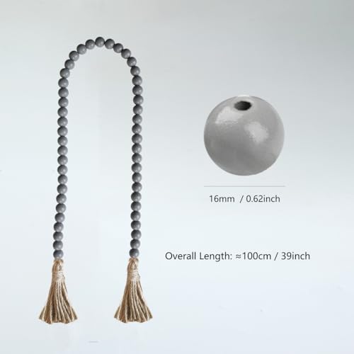 Boho Decor Wood Beads Garland Farmhouse Wall Hanging Decorations Natural Wooden Bead Tassel Decorative for Coffee Table Christmas and Prayer (Grey / 58")