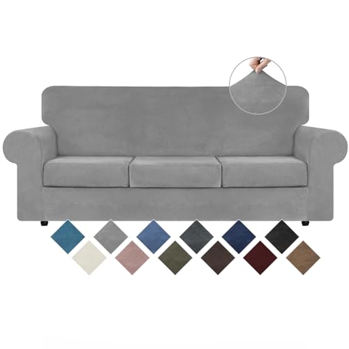 4 Piece Couch Cover for Sofa Velvet Sofa Cover Washable (Large / Silver Grey)