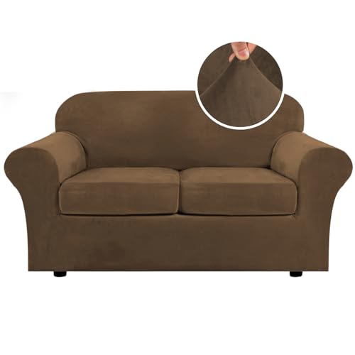 Real Velvet Plush 3 Piece Stretch Sofa Covers Couch Covers for 2 Cushion Couch Loveseat Covers Width Up to 72 Inch Feature Thick Soft Stay in Place (2 Cushion Loveseat / Bronze Brown)