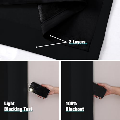 100% Blackout Curtains for Bedroom 2 Panels Set with Black Liner (52"W x 45"L (Pack of 2) / Black)