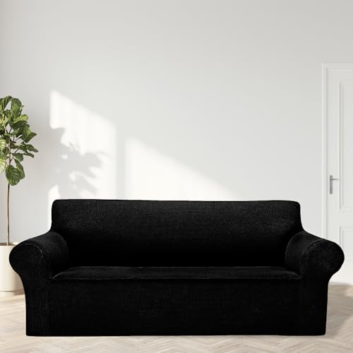 2026 New Stretch Sofa Slipcovers Couch Cover for 3 Cushion Furniture Protector Sofa Covers with Elastic Bottom Jacquard Fabric Small Checks for Pets (Black / Sofa)