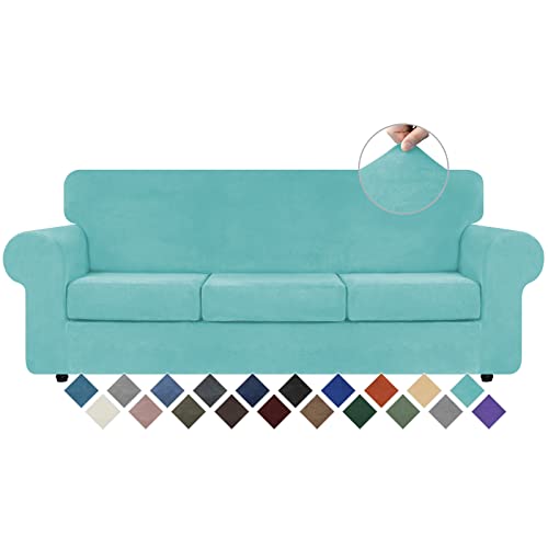 4 Pieces Couch Cover for Sofa Velvet Sofa Covers Washable (Large / Aqua)