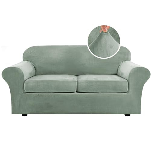 Real Velvet Plush 3 Piece Stretch Sofa Covers Couch Covers for 2 Cushion Couch Sofa Slipcovers Width Up to 90 Inch Thick Soft Stay in Place (2 Cushion Sofa / Sea Grass)