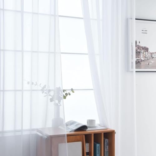 Sheer White Curtains 4 Panels Rod Pocket Semi (White / 52"W x 54"L (Pack of 4))