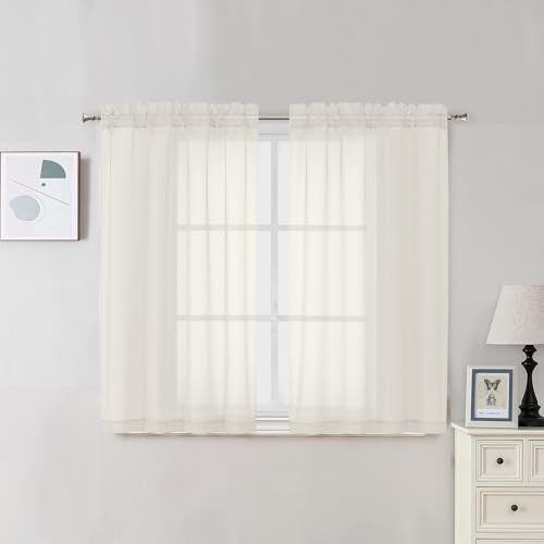 2 Panels Cream Sheer Curtains 54 Inches Length Window Treatment for Kitchen (Cream / 42"W x 45"L (Pack of 2))