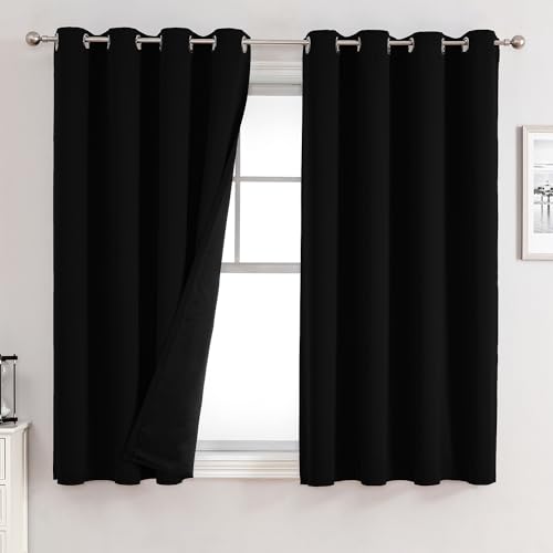 100% Blackout Curtains for Bedroom 2 Panels Set with Black Liner (52"W x 45"L (Pack of 2) / Black)