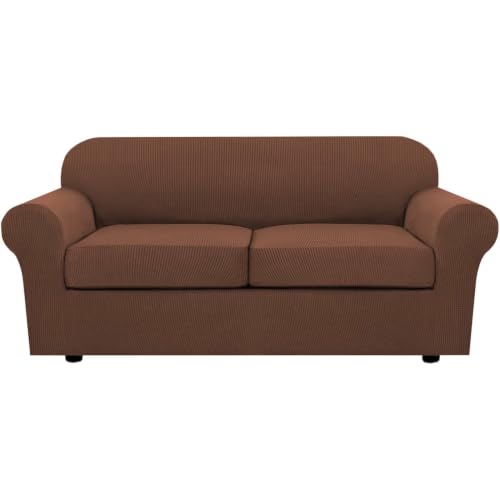 3 Piece Stretch Sofa Covers for 2 Cushion Sofa Couch Covers for Living Room Sofa Slipcovers (Medium-XL / Caramel)
