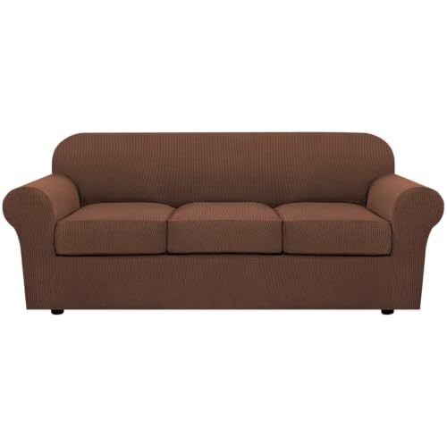 4 Piece Stretch Sofa Covers for 3 Cushion Couch Covers for Living Room Furniture Slipcovers (Large / Caramel)
