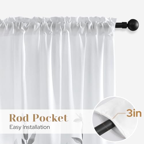 Light Grey and White Privacy Sheer Curtains (Leaves-light Grey / 52"W x 84"L (Pack of 2))