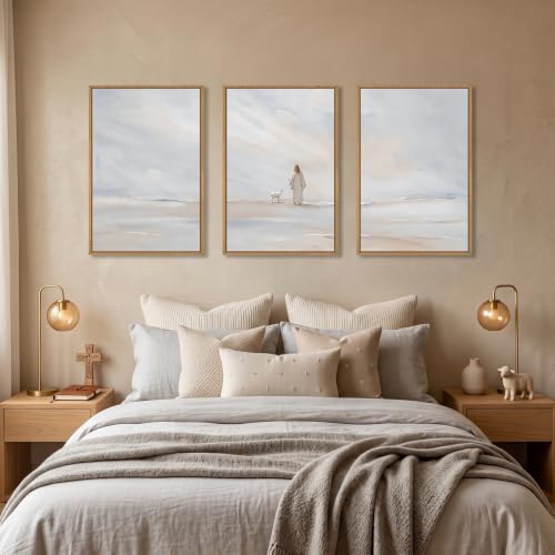 Watercolor Jesus Leaves the 99 Sheep Framed Canvas Wall Art (Jesus Leaves the 99 Sheep Wall Art / 24"Lx36"W)