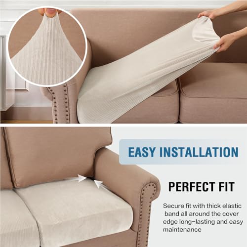Velvet Stretch Couch Cushion Cover Plush Cushion Slipcover for Chair Loveseat Sofa Cushion Furniture Protector Seat Cushion Sofa Cover (Striped Ivory / 3 Cushion Sofa)