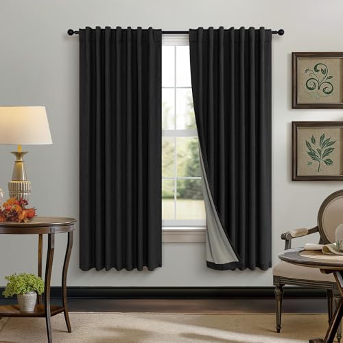 72 Inch Blackout Curtains for Living Room 2 Panel Burg Complete Black Out Thermal Insulated Darkening Back Tab Pleated Lightweight Noise Reducing Saver Energy Saving Long Curtain for Bedroom 72 Length (Black / 52"W x 72"L (Pack of 2))