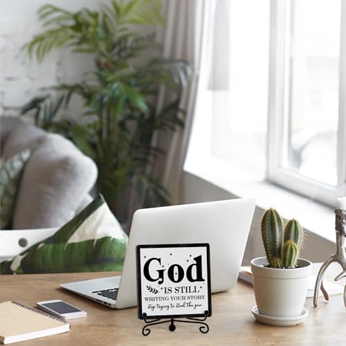 Home Decor Farmhouse Shelf Decor For Living Room (God Is Still(Black-04) / Wooden Sign with Iron Stand)
