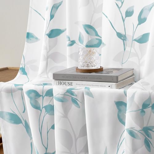 Non-See-Through Teal and White Privacy Sheer Curtains (Leaves-teal / 52"W x 96"L (Pack of 2))