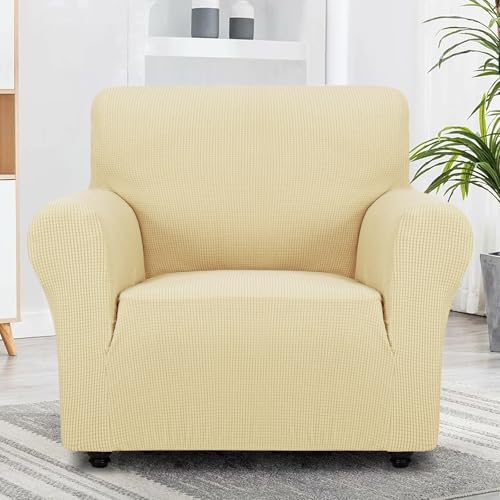 Super Stretch Chair Slipcover Universal Sofa Chair Covers for Living Room Dogs Pet Furniture Protector Spandex Armchair Slipcovers with Anti Slip Foam Sticks (Beige / Small (30"-47"))