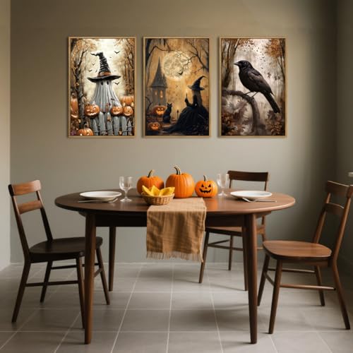 Large Vintage Halloween Wall Art Spooky Ghost Witch Wall Decor Black Cat with Crow Painting 16x24 Inch Set of 3 for Living Room Bedroom (Witch / 24"L x 16"W)