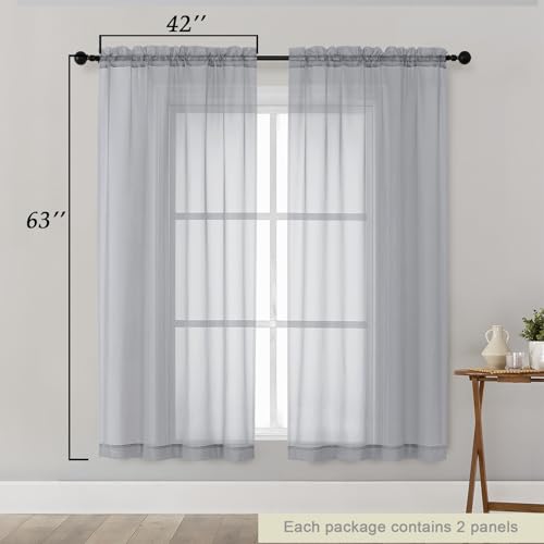 Sheer Light Grey Curtains for Bedroom Living Room 63 Inch Length 2 Panels (Light Grey / 42"W x 63"L (Pack of 2))