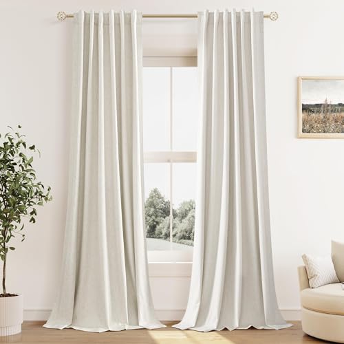 Extra Long 100% Blackout Linen Curtains for Bedroom 110 Inches Long Natural Cream Black Out Curtain Back Tab Thermal Insulated Room Darkening Window Drapes for Living Room 2 Panels Beige Ivory 52x110 (Cream / 52"W x 110"L (Pack of 2))