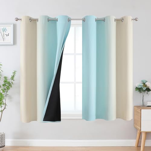 Aqua and Beige Ombre Blackout Curtains for Bedroom 45 Inch (Beige and Aqua / 42"W x 45"L (Pack of 2))