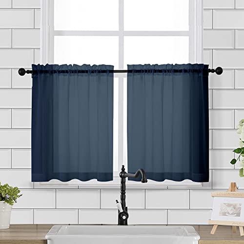 Sheer Curtains Tiers 42W x 24L Inches 2 Pieces (Navy Blue / 42"W x 24"L (Pack of 2))