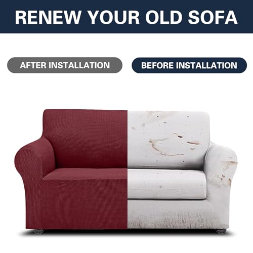 2026 New Stretch Loveseat Sofa Slipcovers Couch Cover for 2 Cushion Furniture Protector Sofa Covers with Elastic Bottom Jacquard Fabric Small Checks for Pets (Dark Red / Loveseat)