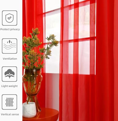 Solid Sheer Rod Pocket Curtain Voile Draperies 2 Panels White Beige Black Grey Coffee 60 Inch Width 108 Inch Long 1 Pair for Kitchen Bedroom Children Living Room Yard (Red / 60"W x 108"L (Pack of 2))