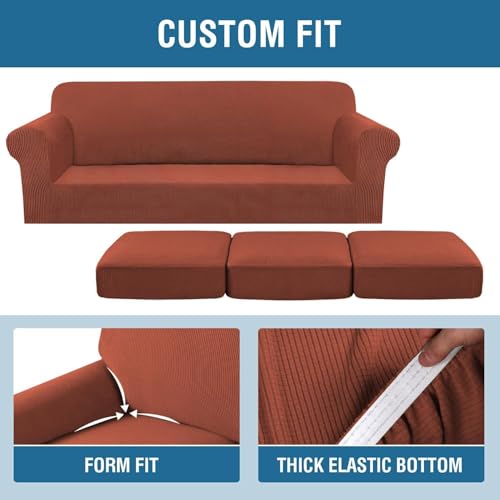 4 Piece Stretch Sofa Covers for 3 Cushion Couch Covers for Living Room Furniture Slipcovers (Large Plus / Rust)