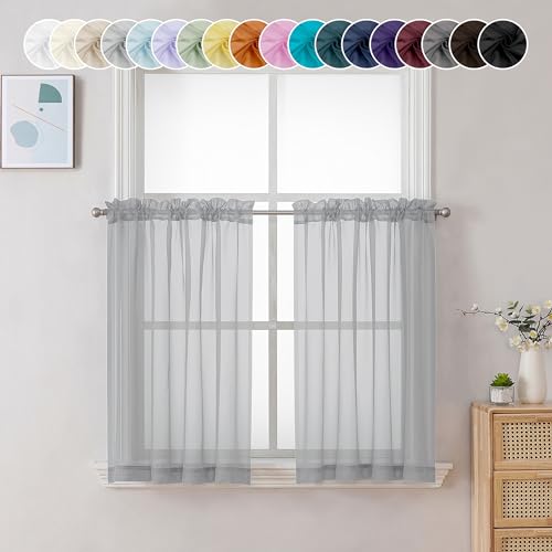Sheer Light Grey Tier Curtains 24 Inch Length (Light Grey / 42"W x 24"L (Pack of 2))