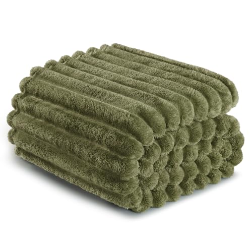 Striped King Size Fleece Blanket for Bed (Olive Green / King ( 90x104 IN ))