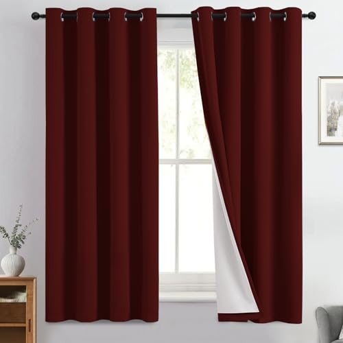 Burgundy Red Blackout Curtains 63 Inches Long for Bedroom 50" Wide (50"W x 63"L (Pack of 2) / Burgundy Red With White Backing)