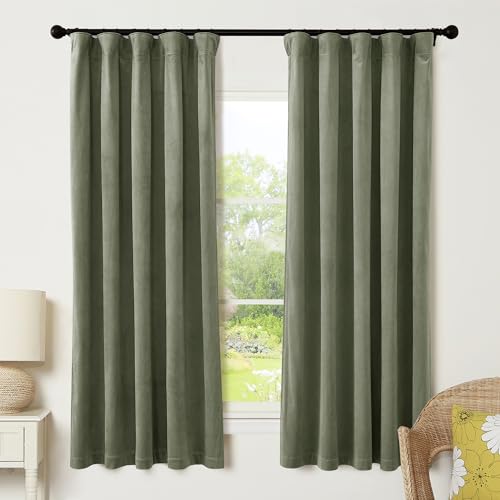 Sage Green Velvet Curtains 63 inches Length with Hook Belt (Sage Green / 42"W x 63"L (Pack of 2))