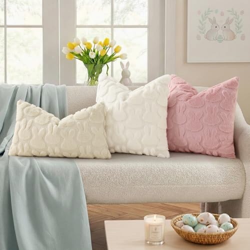 Beige Faux Fur Bunny Throw Pillow Covers 12x20 Set of 2 (20" x 12" (Pack of 2) / Rabbits Beige)