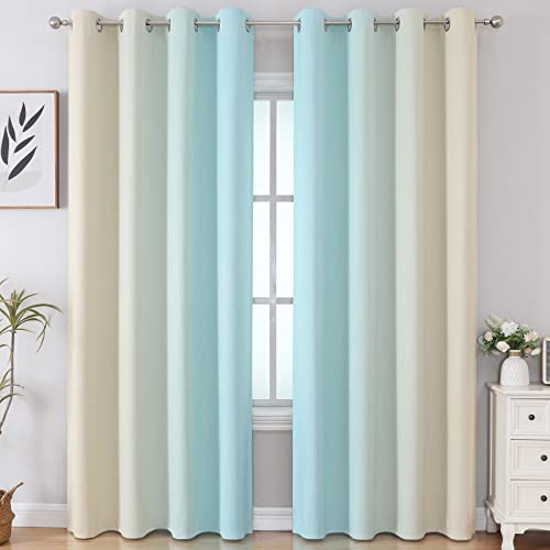 Aqua and Beige Ombre Blackout Curtains for Bedroom 84 Inch (Beige and Aqua / 52"W x 84"L (Pack of 2))