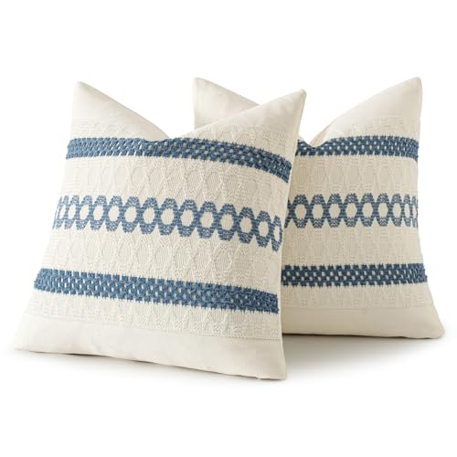 Set of 2 Coastal Blue Boho Decorative Pillow Covers 18x18 Inch (18" x 18" (Pack of 2) / Blue)