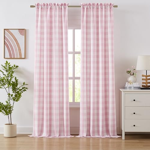 Pink White Buffalo Plaid Curtains 90 Inches Long (Pink/White / 40"W x 90"L (Pack of 2))