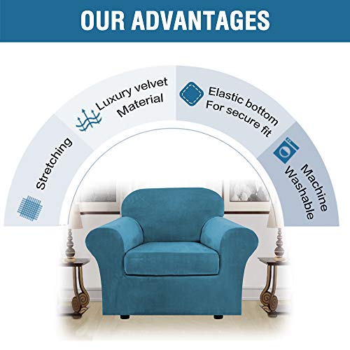Rich Velvet Stretch 2 Piece Chair Cover Chair Slipcover Sofa Cover Furniture Protector Couch Soft with Elastic Bottom Chair Couch Cover with Arms Width Up to 49 Inch (1 Cushion Chair / Peacock Blue)
