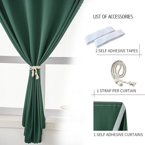 Blackout Curtains for Bedroom Stick On Curtains Window Shades Pull Down Blackout Window Cover No Drillng Self Adhesive Curtains No Rod Small Curtain (35"W x 59"L (Pack of 1) / Dark Green)