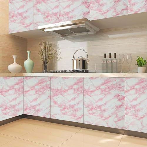 Marble Contact Paper Pink Peel and Stick Wallpaper for Kitchen Countertop (Pink/White / 15.7" x 472.4")
