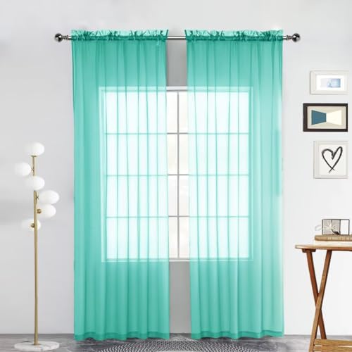 Sheer Voile Window Treatment Rod Pocket Curtain Panels for Kitchen Bedroom Living Room Drapes Sunlight Filtering Privacy Semi Home Decor Assorted Colors Sizes (Turquoise / 52"W x 72"L (Pack of 2))