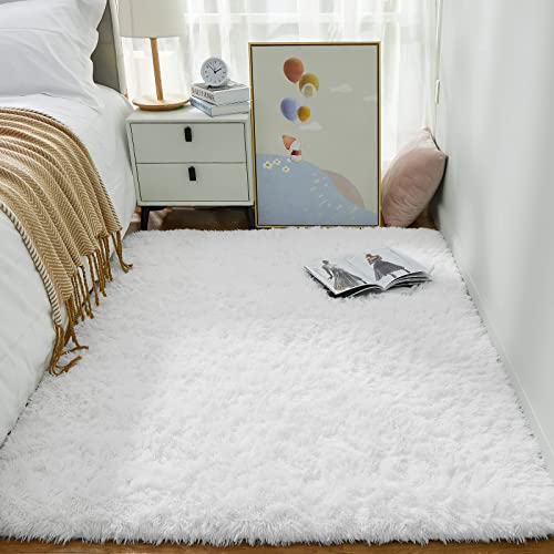 White Rugs for Bedroom Fluffy (4- White / 4' x 6' (Rectangular))