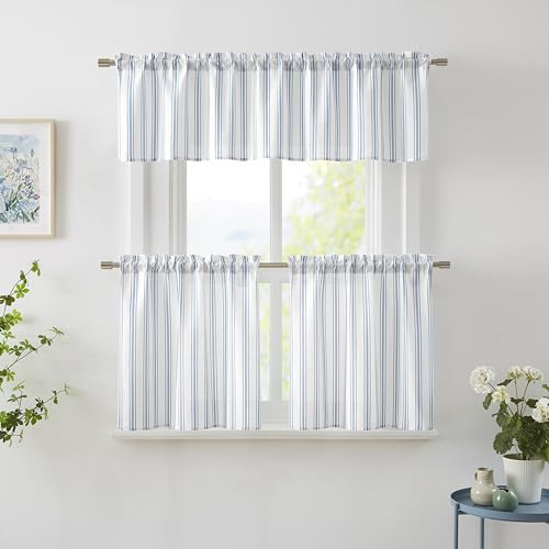 Blue White Striped Semi Sheer Kitchen Curtain Valances (55"W x 15"L (Pack of 1) / Blue/White)