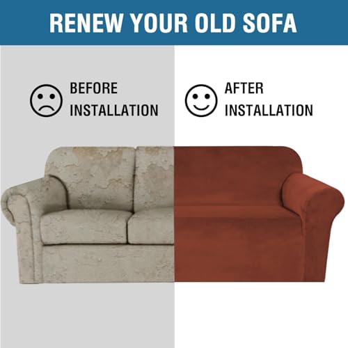 Stretch Velvet Sofa Covers for 3 Cushion Couch Covers Furniture Protector Soft with Non Slip Elastic Bottom (Rust / Sofa L)
