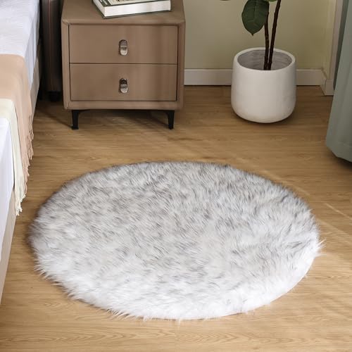 Round Fluffy Rug 3ft White with Grey Tips Circle Faux Sheepskin Fur Rug for Bedroom Living Room Fuzzy Furry Small Décor Washable (3' (Round) / White and Grey Tips)