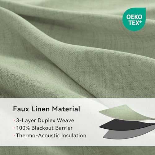 100% Blackout Linen Curtains 96 Inch Long 2 Panels Set (Eden | Sage Green / 50"W x 96"L (Pack of 2))