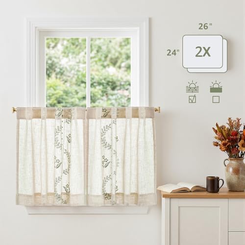 Green Floral Linen Kitchen Tier Curtains 24 Inch (A| Sage / 26"W x 24"L (Pack of 2))