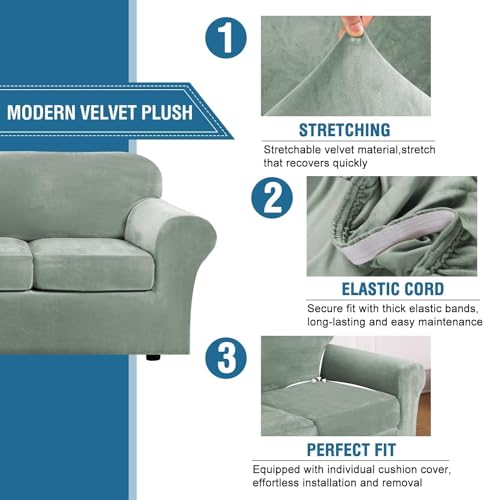 High Stretch Sofa Slipcover 4 Piece Cover Velvet Furniture Protector Form Fit Thick Velvet Extra Large Sofa Cover for 3 Cushion Couch Width Up to 97 Inch (3 Cushion Large Sofa / Sea Grass)