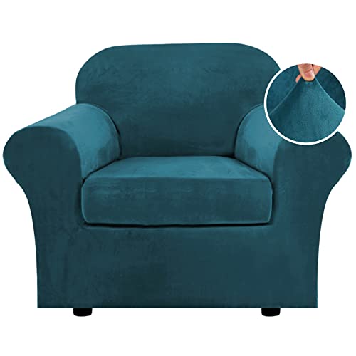 Rich Velvet Stretch 2 Piece Cover Chair Slipcover Sofa Cover Furniture Protector Couch Soft with Elastic Bottom Chair Couch Cover with Arms Width Up to 49 Inch (1 Cushion Chair / Deep Teal)