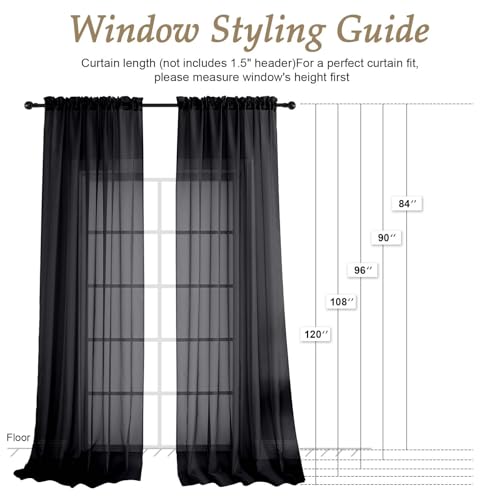Black Sheer Curtains 120 Inches Long 2 Panels Set (Black / 59"W x 120"L (Pack of 2))