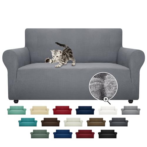 Super Stretch Couch Cover Love Seat Sofa Covers for Living Room Dogs Pet Friendly Furniture Protector Spandex Loveseat Slipcovers with Anti Slip Foam Sticks (Light Grey / Medium (57"-70"))